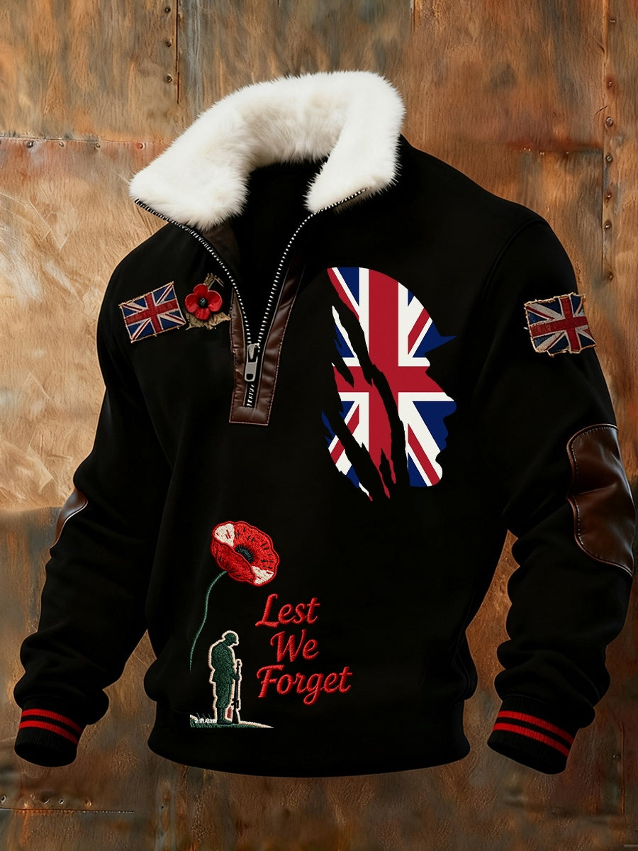 Men's Memorial Day "Forget-Me-Not" Flower Fur Collar Sweatshirt