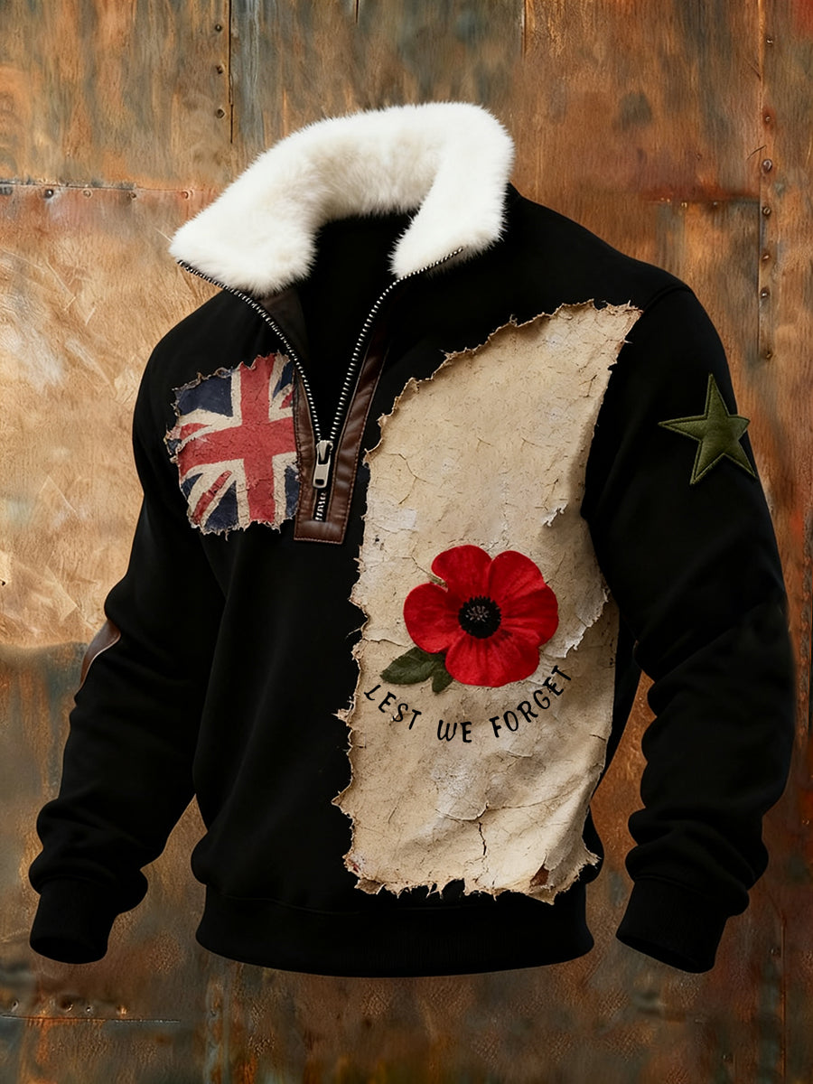 Men's Memorial Day "Forget Me Not" Fur Collar Sweatshirt