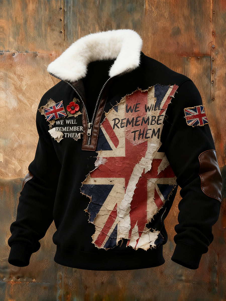 Men's Memorial Day "Forget Me Not" Fur Collar Sweatshirt