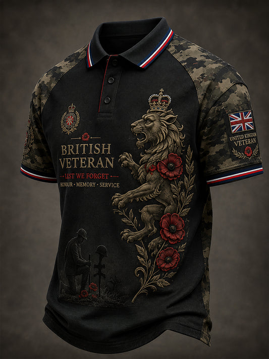 Men's Short-Sleeve Polo Shirt With Vintage Veteran Commemorative Print