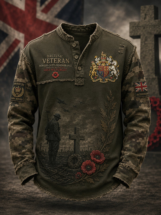 Men's Long-Sleeve Top With Vintage Camouflage And Veteran Commemorative Print