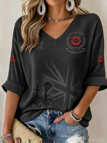 Women's Lest We Forget Print Mid-length Sleeves V-Neck T-Shirt