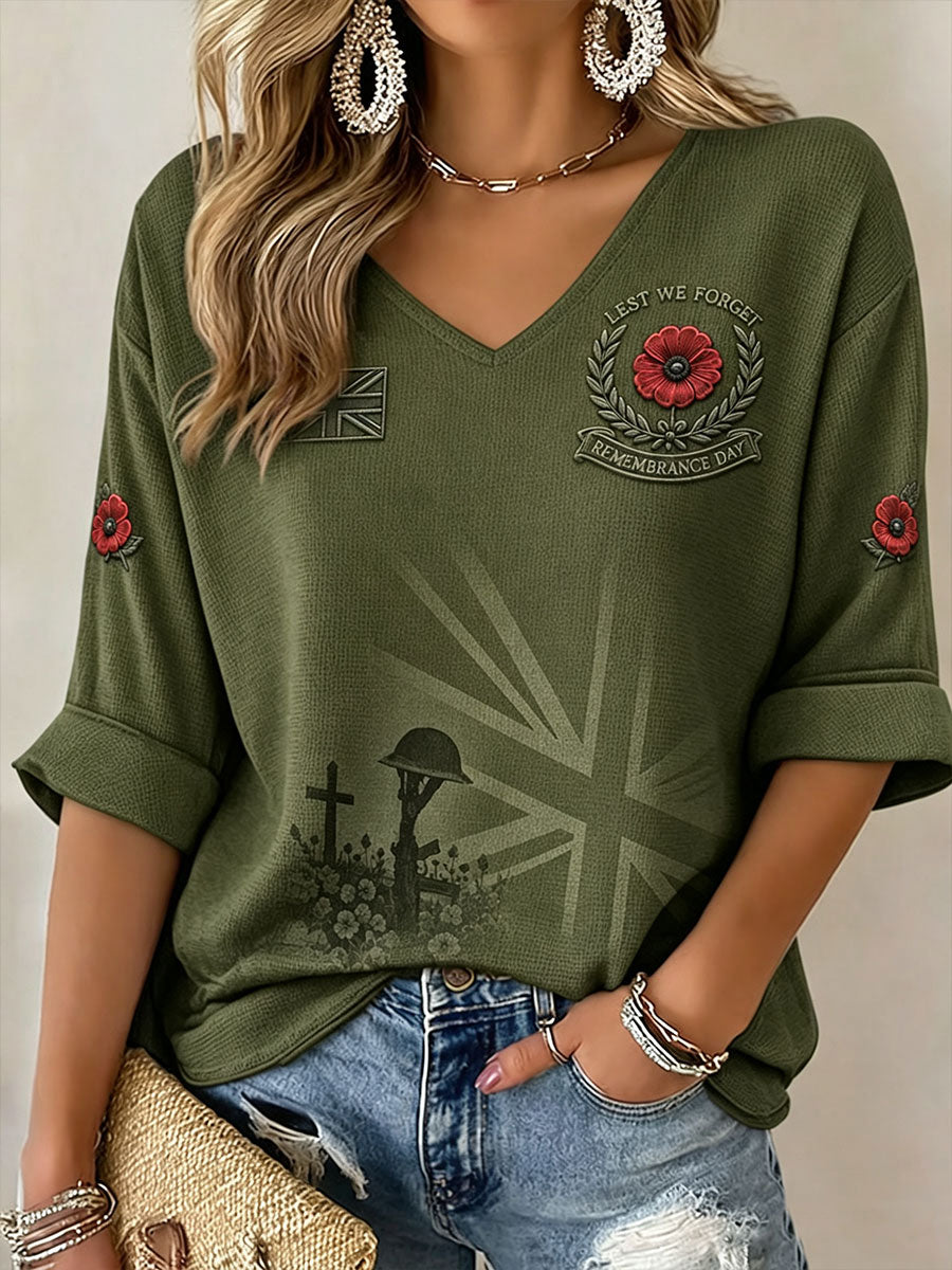 Women's Lest We Forget Print Mid-length Sleeves V-Neck T-Shirt