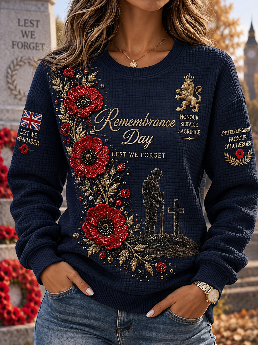 Women's Remembrance Day Print Waffle-Knit Long-Sleeve Sweatshirt