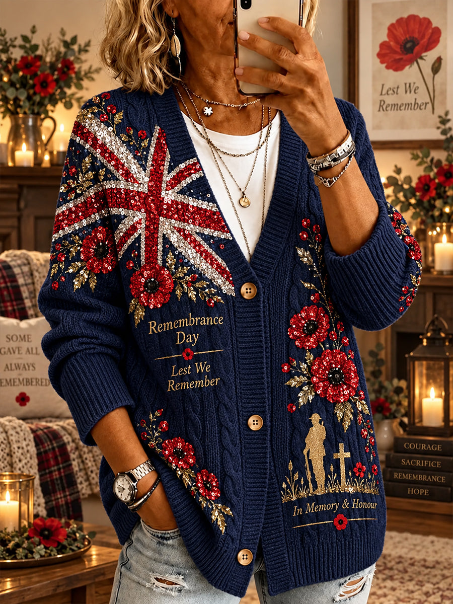 Women's Long-Sleeve Knit Cardigan With Remembrance Day Themed Print