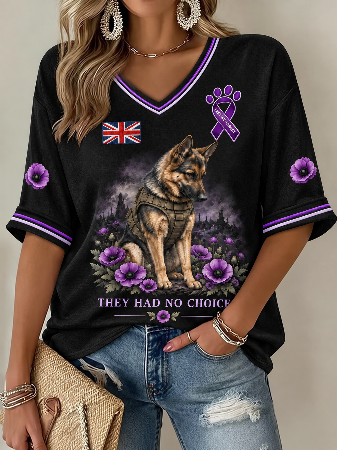 Women's Remembering The Animals Of War Mid-length Sleeves V-Neck T-Shirt