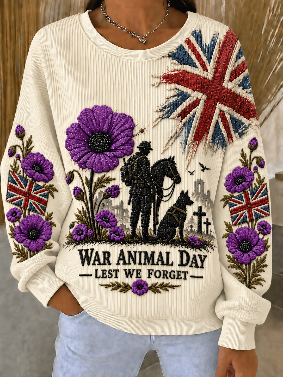 Women's Remembering The Animals Of War Ribbed Round-Neck Sweatshirt