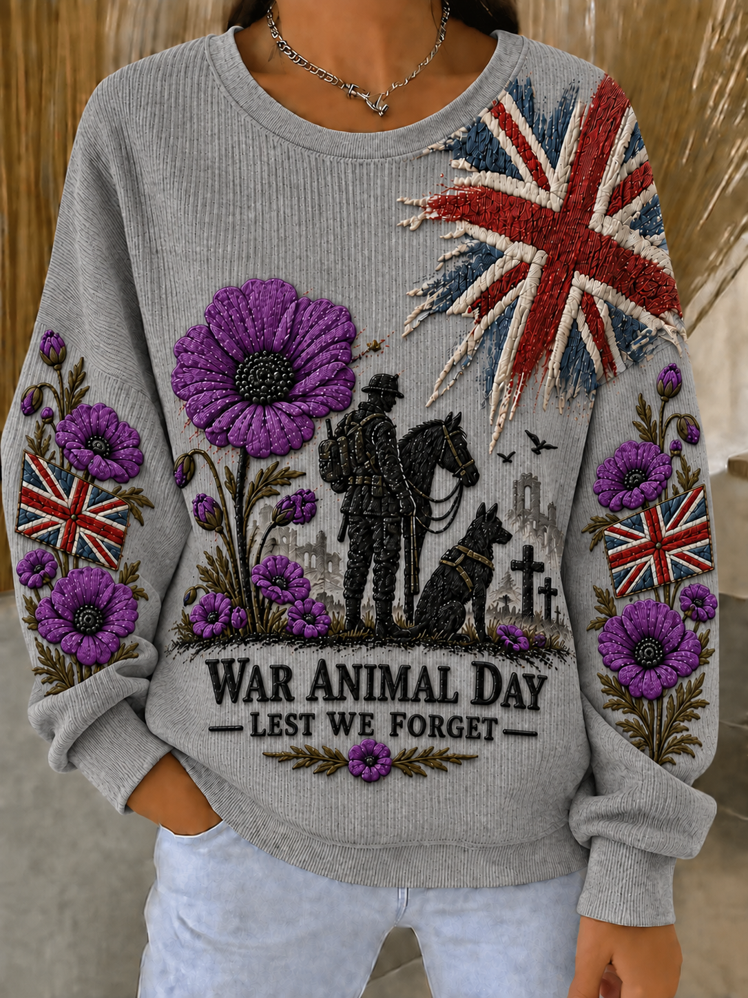 Women's Remembering The Animals Of War Ribbed Round-Neck Sweatshirt