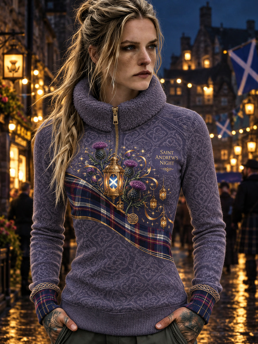 Women's Vintage Scottish St Andrew's Day Printed  Fleece-Lined Zipper Sweatshirt