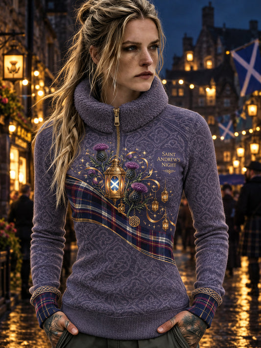 Women's Vintage Scottish St Andrew's Day Printed  Fleece-Lined Zipper Sweatshirt