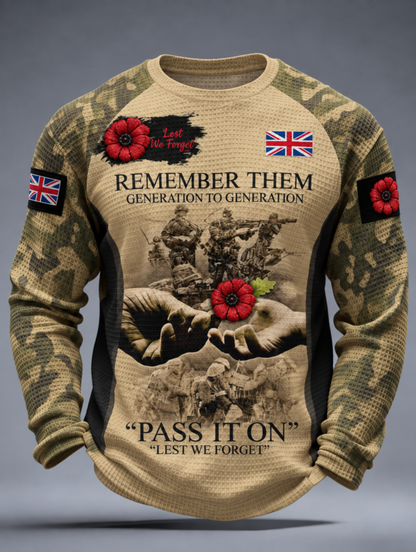Men's Remembrance Day Lest We Forget Waffle Long Sleeve T-Shirt
