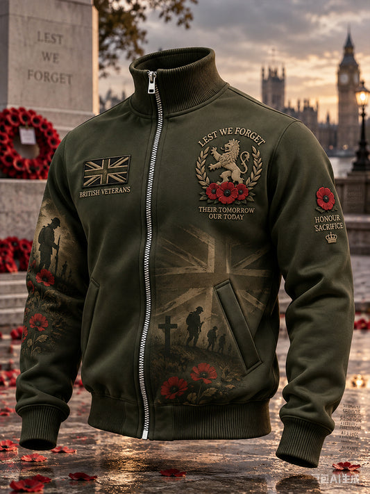 Men's High-Neck Zip-Up Jacket With Remembrance Day Veteran-Themed Print