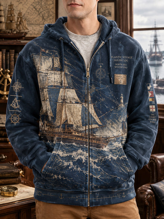 Men's Vintage British Trafalgar Day Printed Zip-Up Hoodie