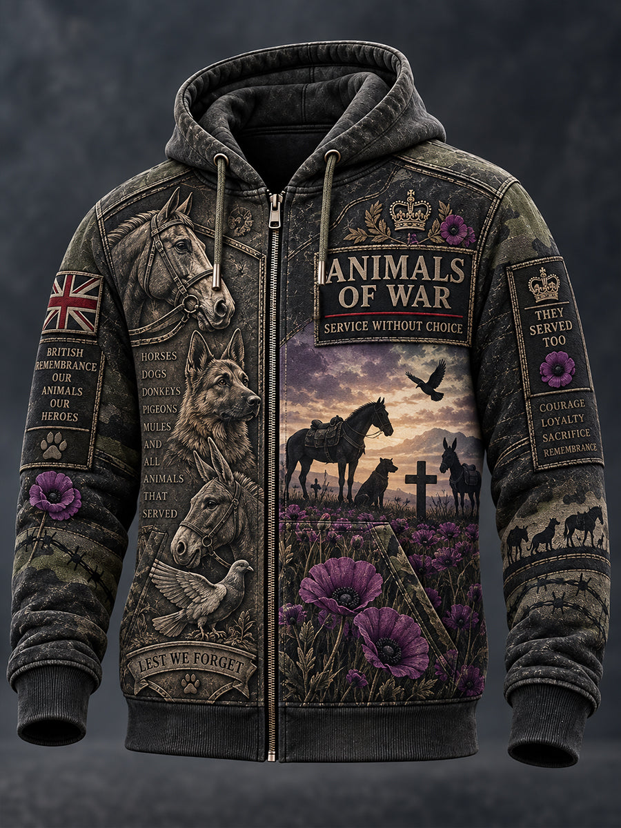 Men's UK Remembrance Day  Commemorating Animals in War  Zip-Up Hoodie