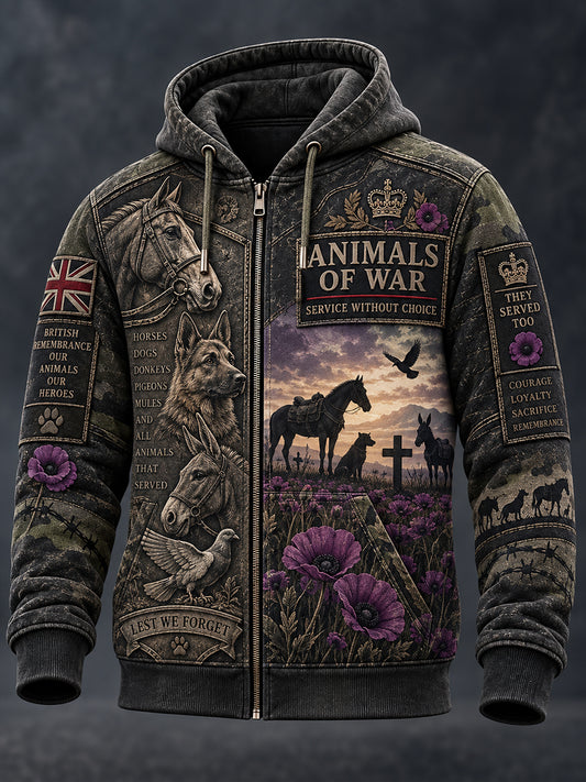 Men's UK Remembrance Day  Commemorating Animals in War  Zip-Up Hoodie