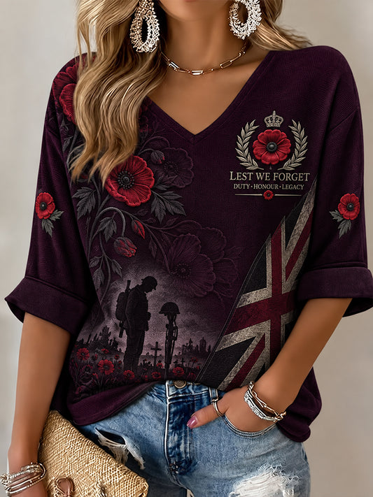 Women's Commemorating Remembrance Day In The Uk Pattern Linen V-Neck Shirt