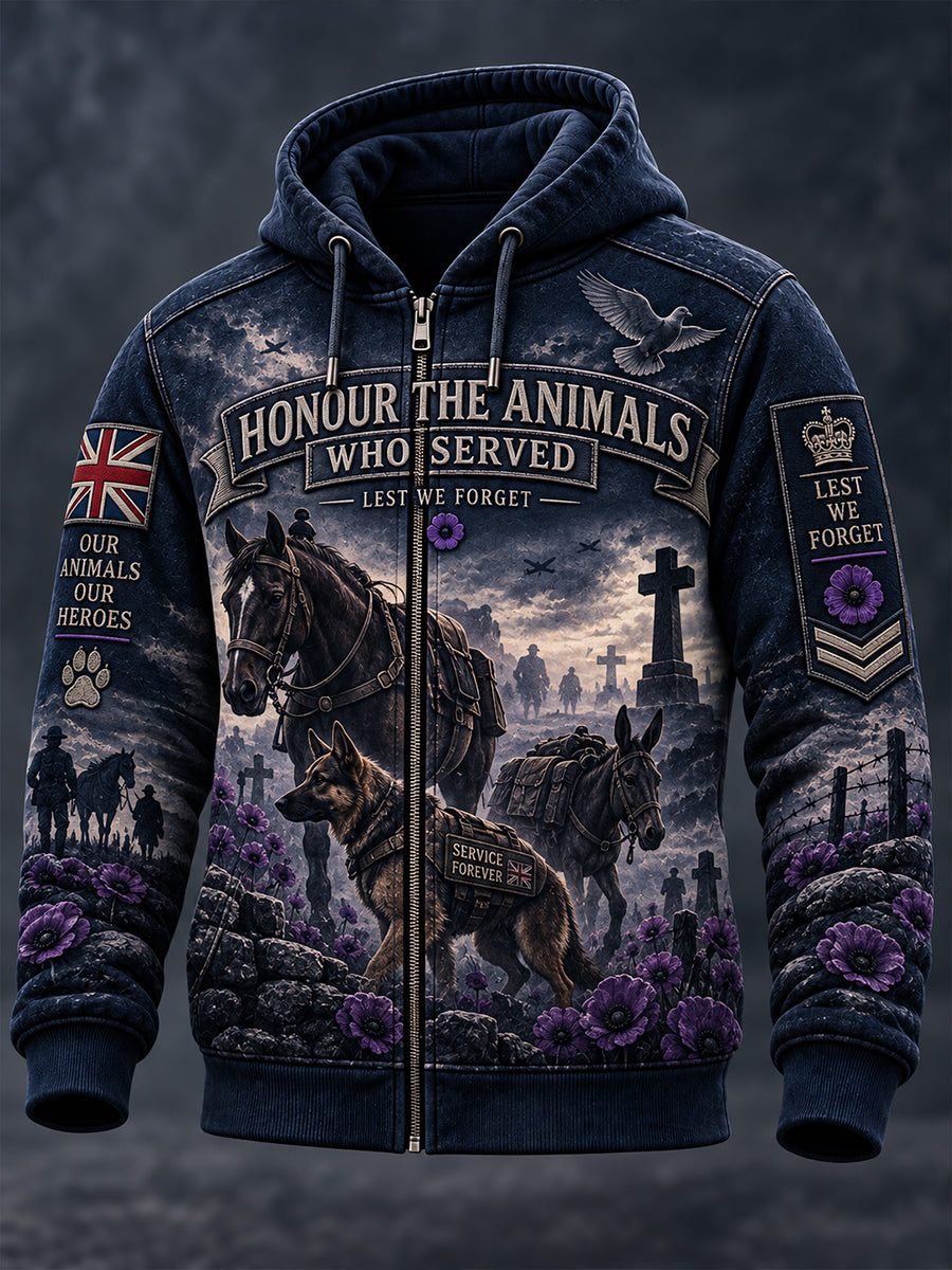 Men's UK Remembrance Day  Commemorating Animals in War Zip-Up Hoodie