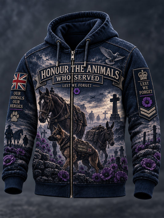 Men's UK Remembrance Day  Commemorating Animals in War Zip-Up Hoodie