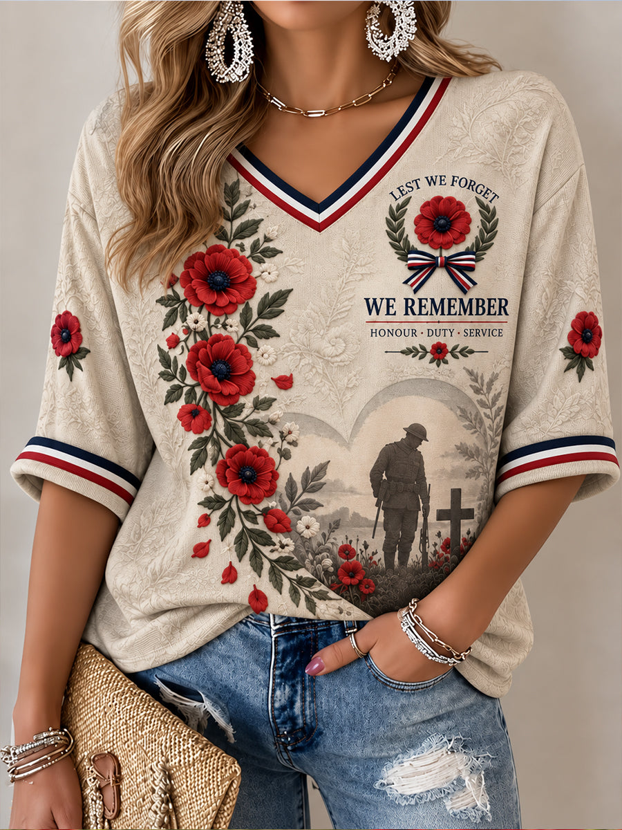 Women's Commemorating Remembrance Day In The Uk Pattern Linen V-Neck Shirt