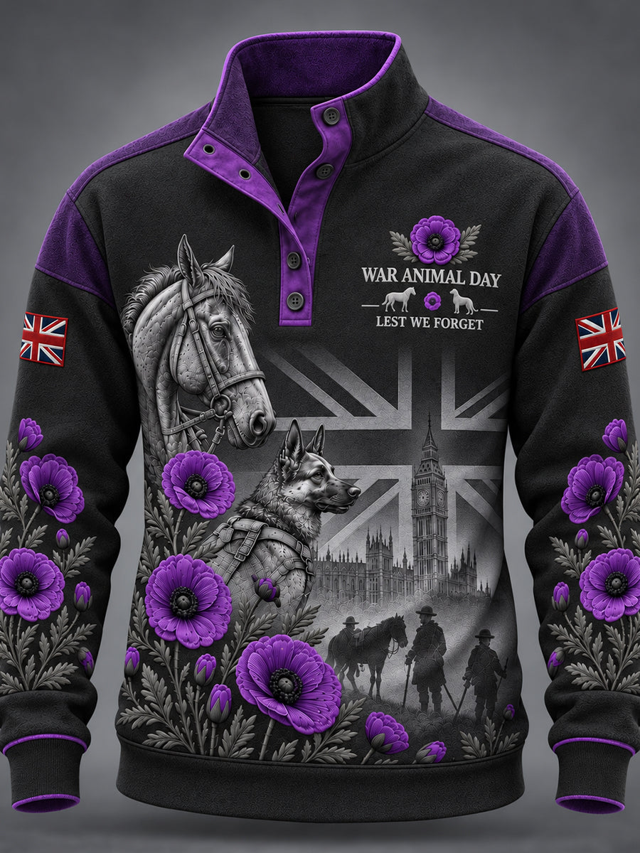 Men's Uk Remembrance Day Commemorating Animals In War Four-Button Hoodie