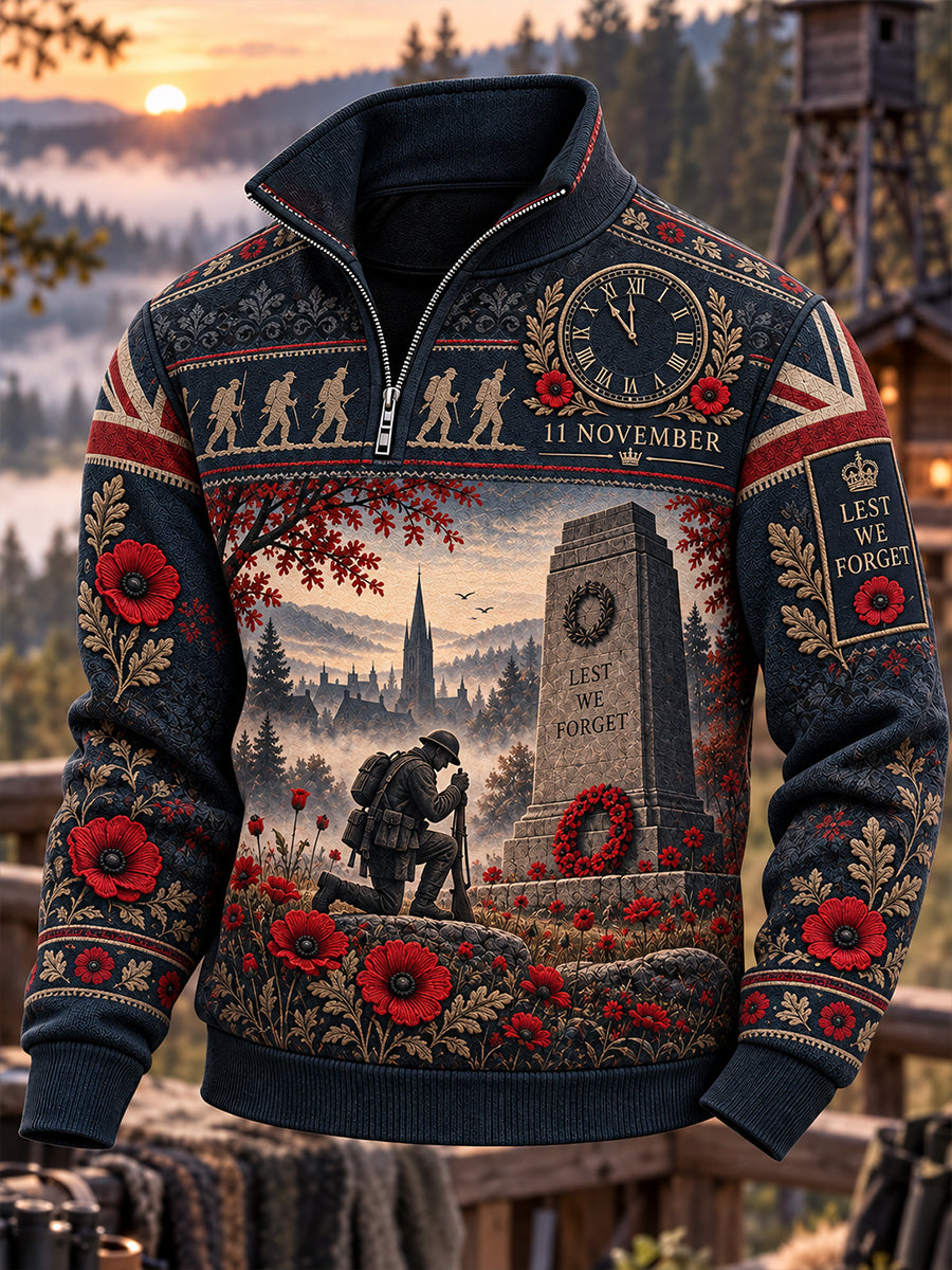 Men's UK Remembrance Day Commemorative Long-Sleeve Sweatshirt with Stand-Up Collar