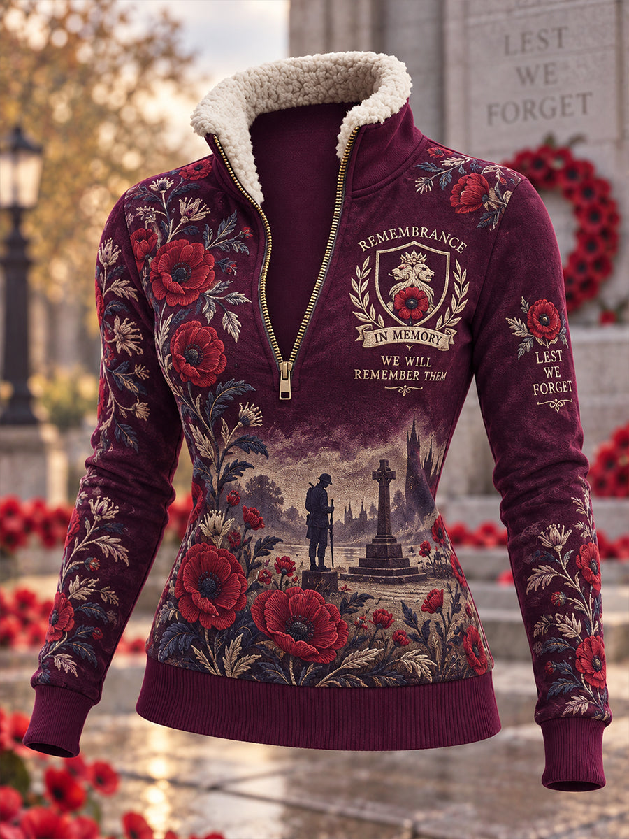 Women's Fleece-Lined High-Neck Sweatshirt With Remembrance Day Themed Print