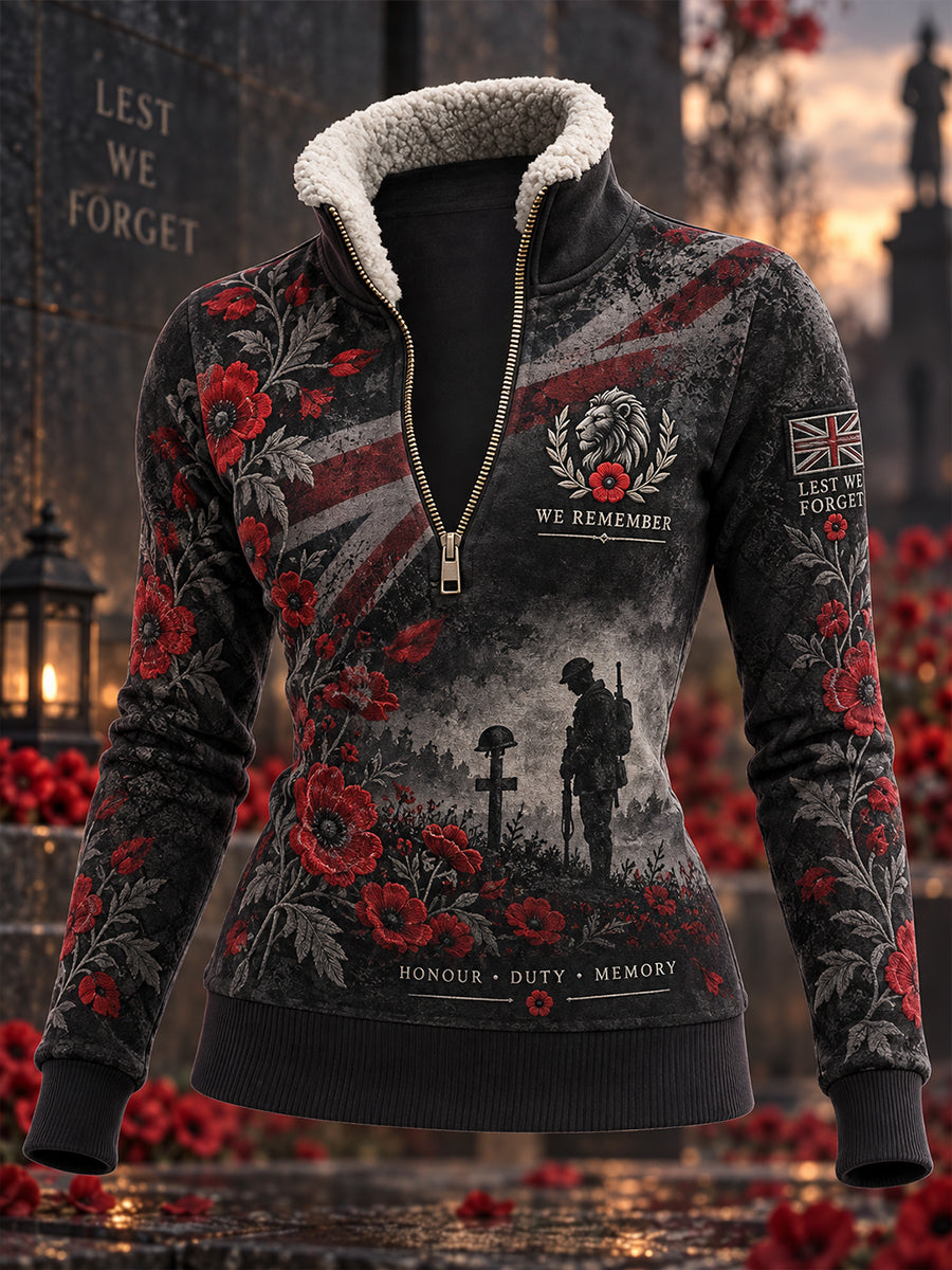 Women's Fleece-Lined High-Neck Sweatshirt With Remembrance Day Themed Print