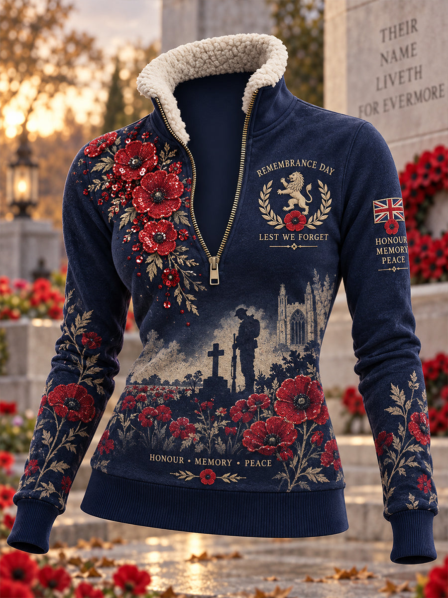 Women's Fleece-Lined High-Neck Sweatshirt With Remembrance Day Themed Print