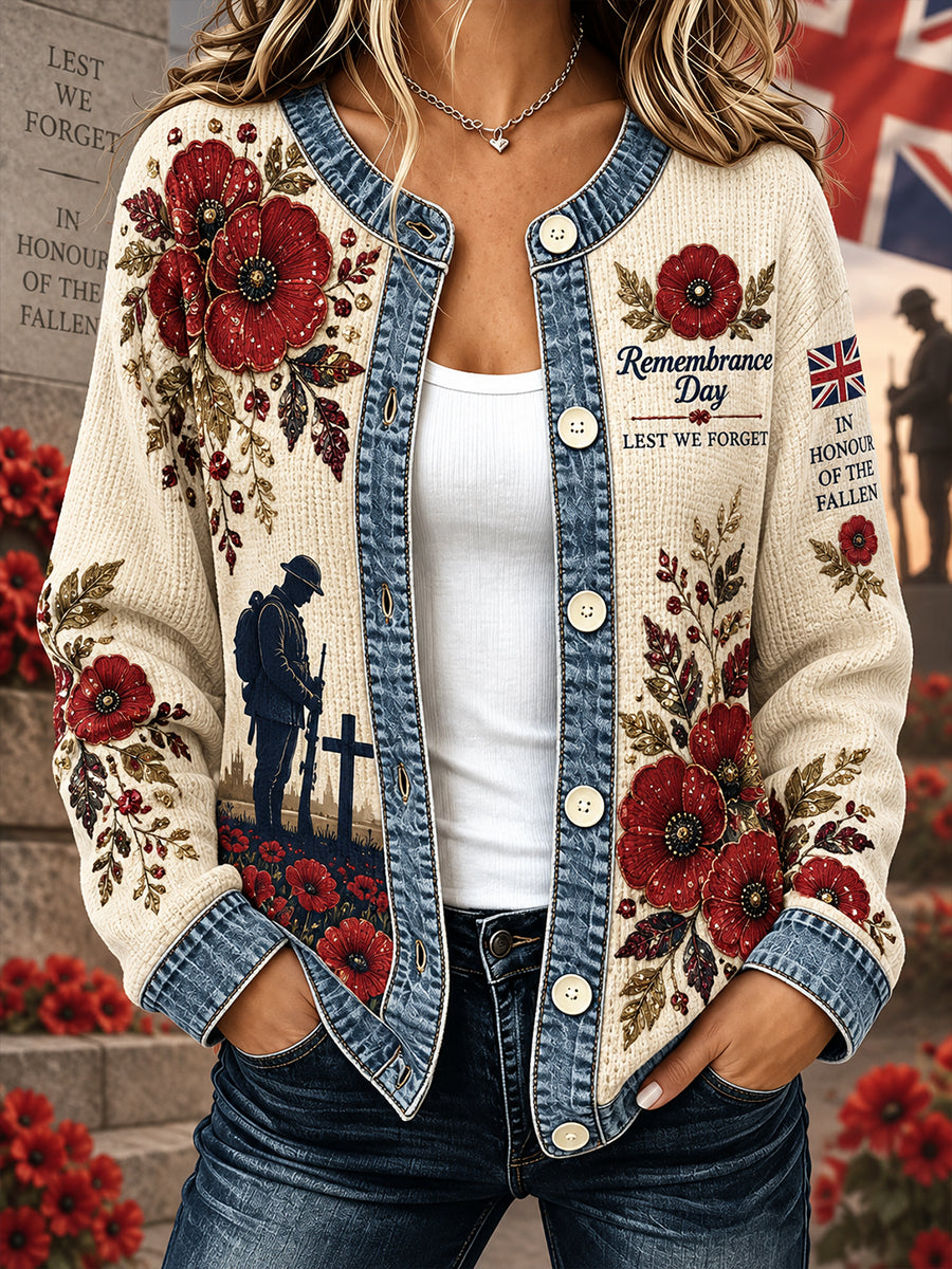 Women's Long-Sleeve Waffle-Knit Jacket With Remembrance Day Themed Print