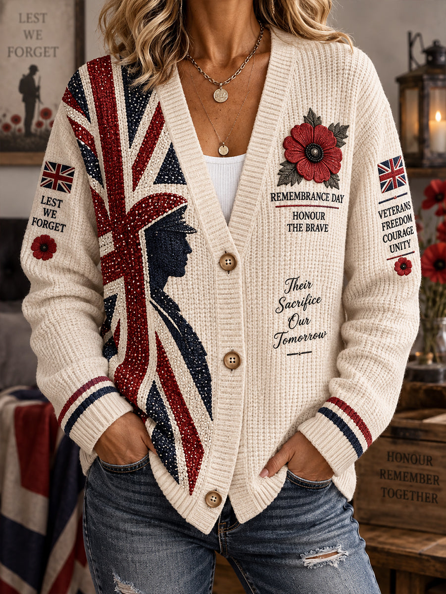 Women's Long-Sleeve Knitted Cardigan With Remembrance Day Themed Print