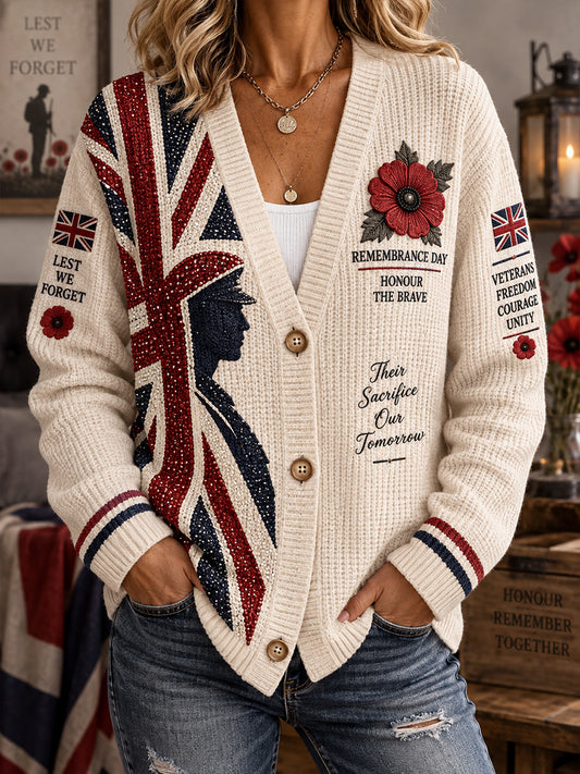 Women's Long-Sleeve Knitted Cardigan With Remembrance Day Themed Print