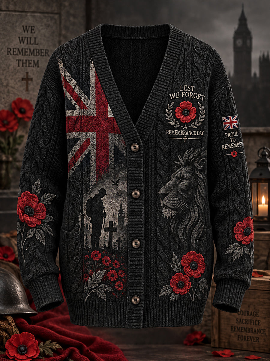 Women's Long-Sleeve Knitted Cardigan With Remembrance Day Themed Print