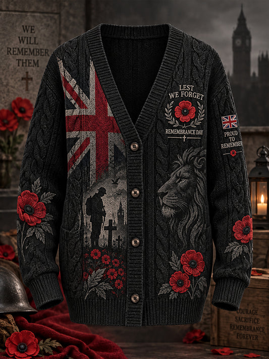 Women's Long-Sleeve Knitted Cardigan With Remembrance Day Themed Print