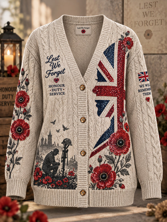 Women's Long-Sleeve Knitted Cardigan With Remembrance Day Themed Print