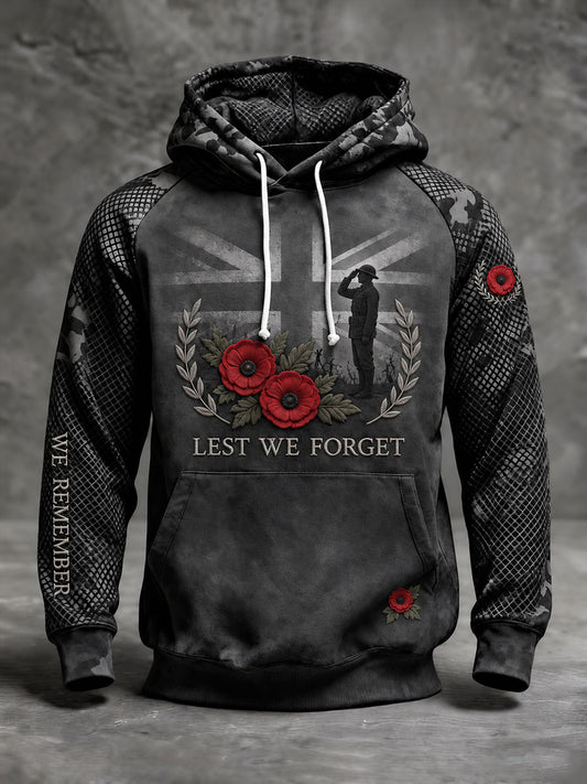 Men's Lest We Forget Print Velvet Raglan Hoodie
