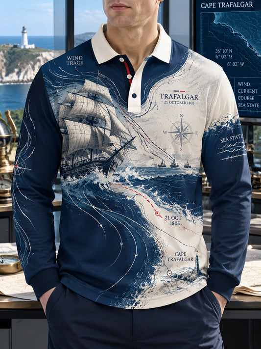 Men's Long-sleeved British Trafalgar Day Printed Polo Shirt