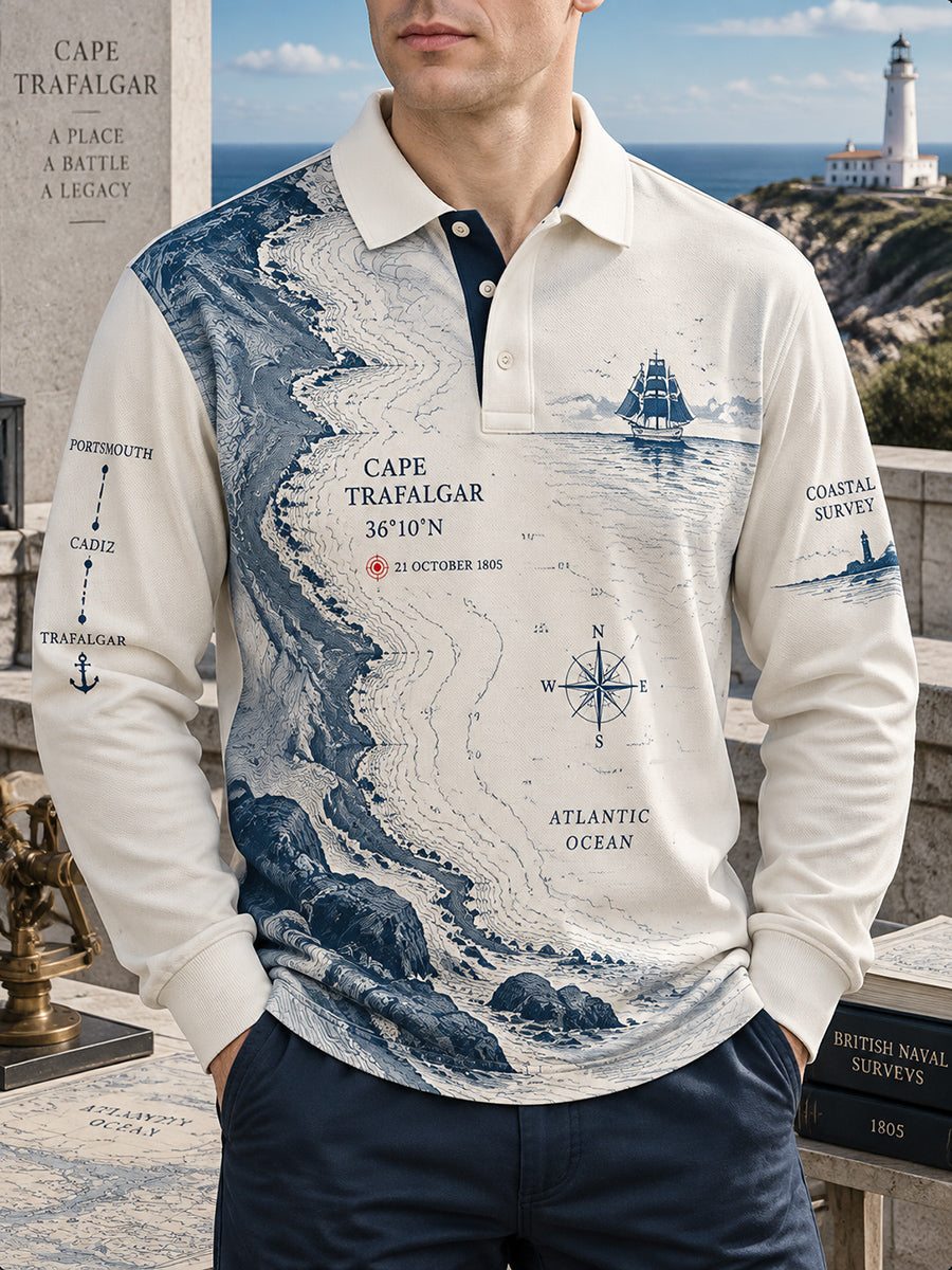 Men's Long-sleeved British Trafalgar Day Printed Polo Shirt