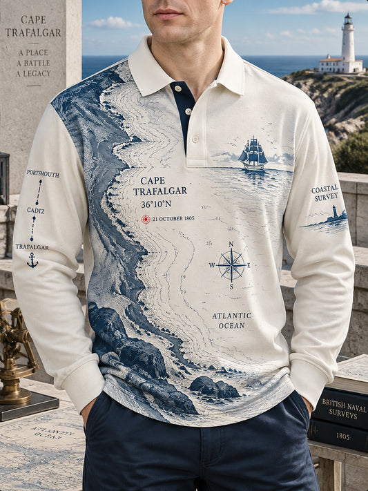 Men's Long-sleeved British Trafalgar Day Printed Polo Shirt