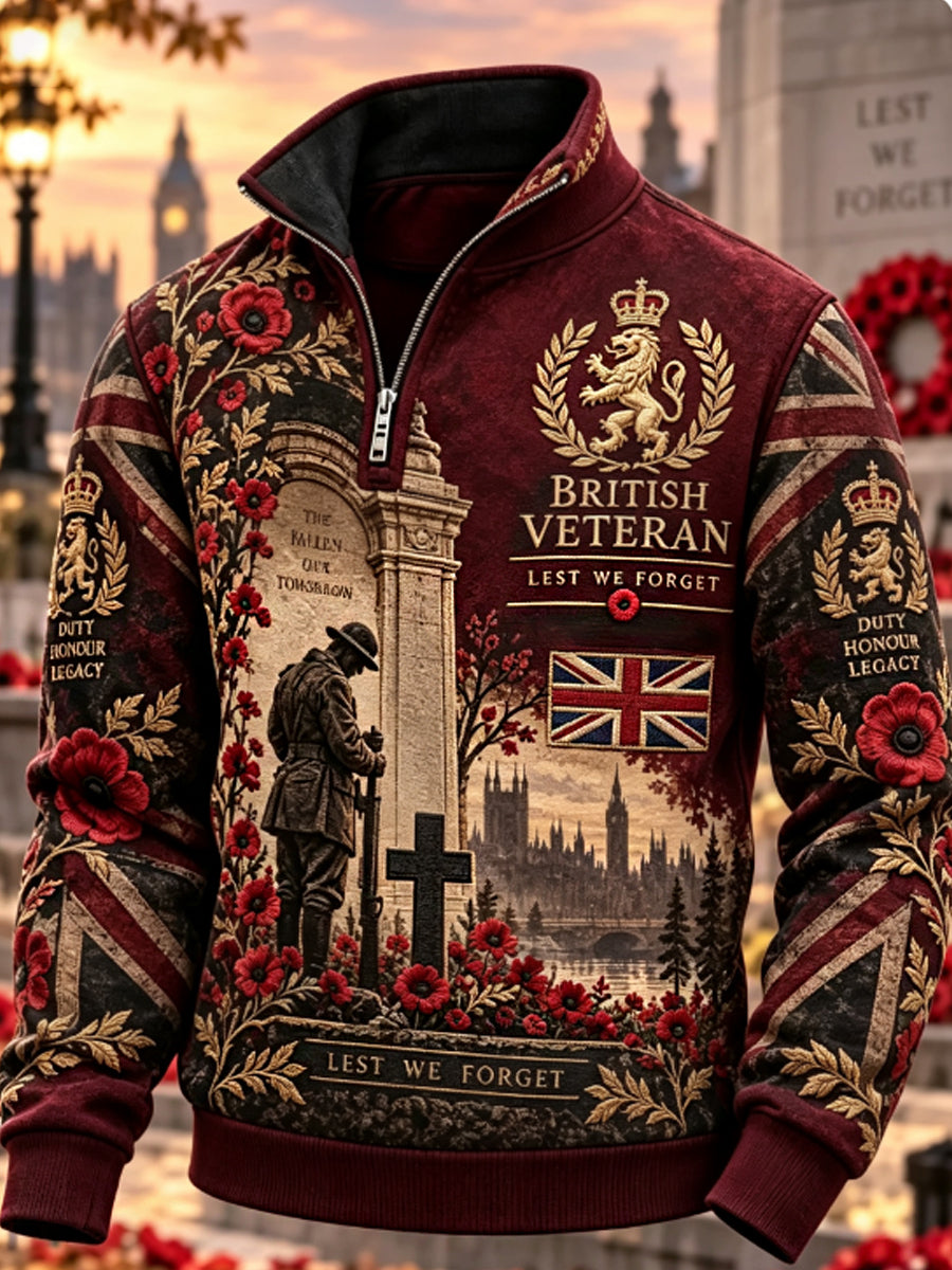 Men's Remembrance Day Lest We Forget Print Zip-Up Hoodie