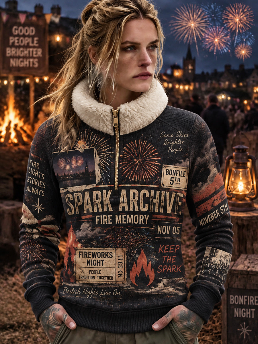 Women's British Bonfire Night Printed Fleece-Lined Zipper Sweatshirt