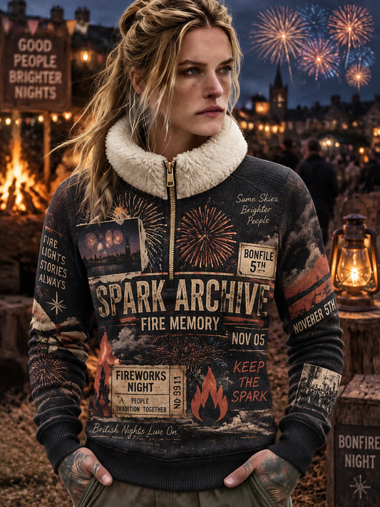 Women's British Bonfire Night Printed Fleece-Lined Zipper Sweatshirt