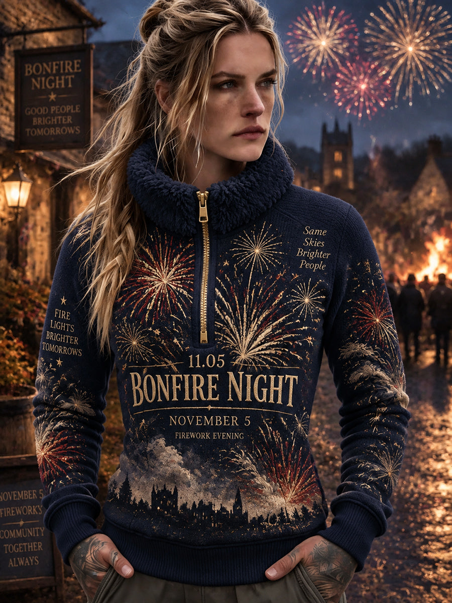 Women's British Bonfire Night Printed Fleece-Lined Zipper Sweatshirt