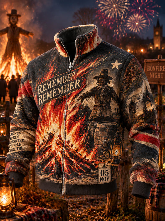 Men's British Bonfire Night Printed Flannel Zipper Jacket