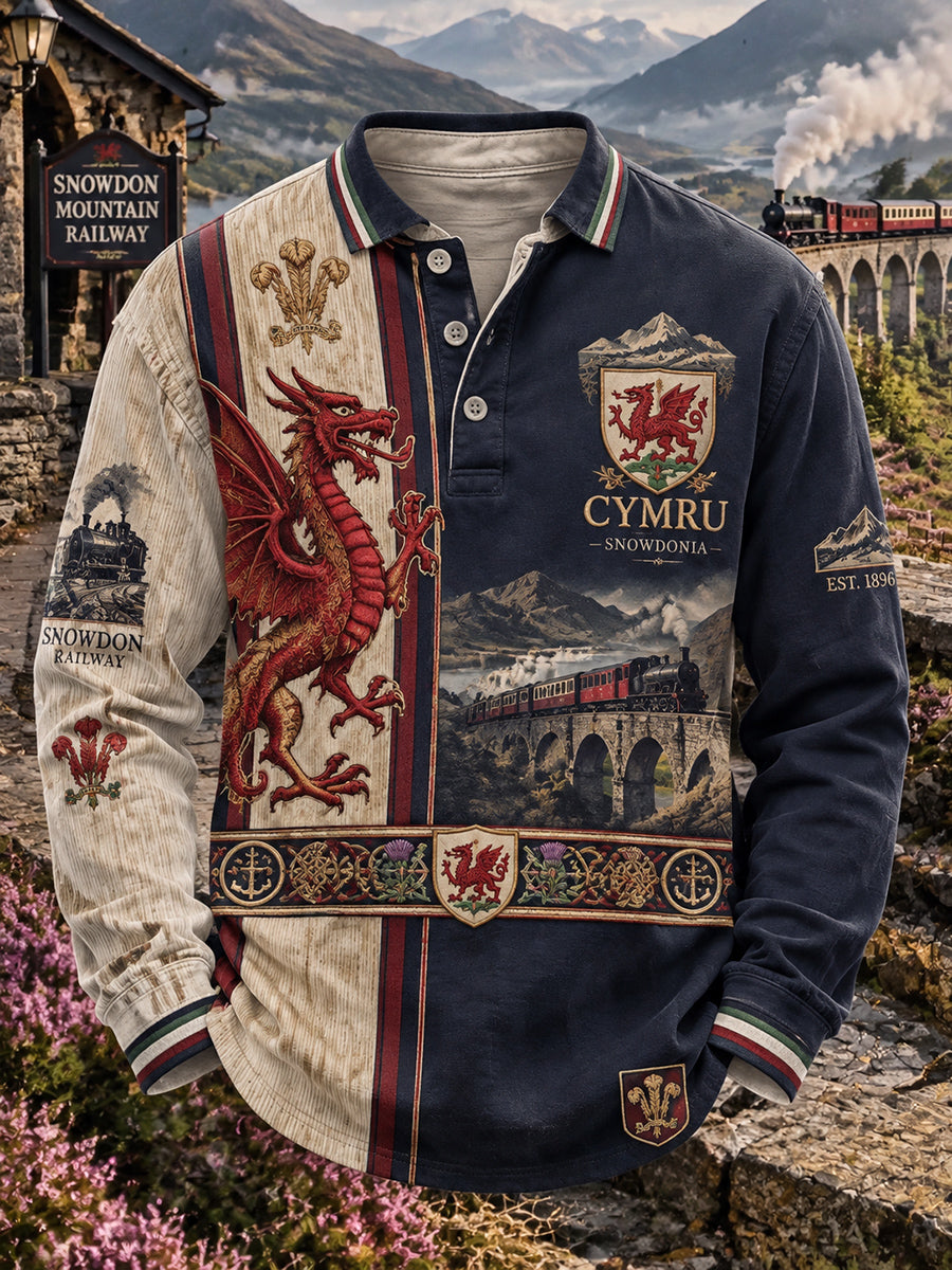 Men's Vintage British Wales Printed Polo Sweatshirt