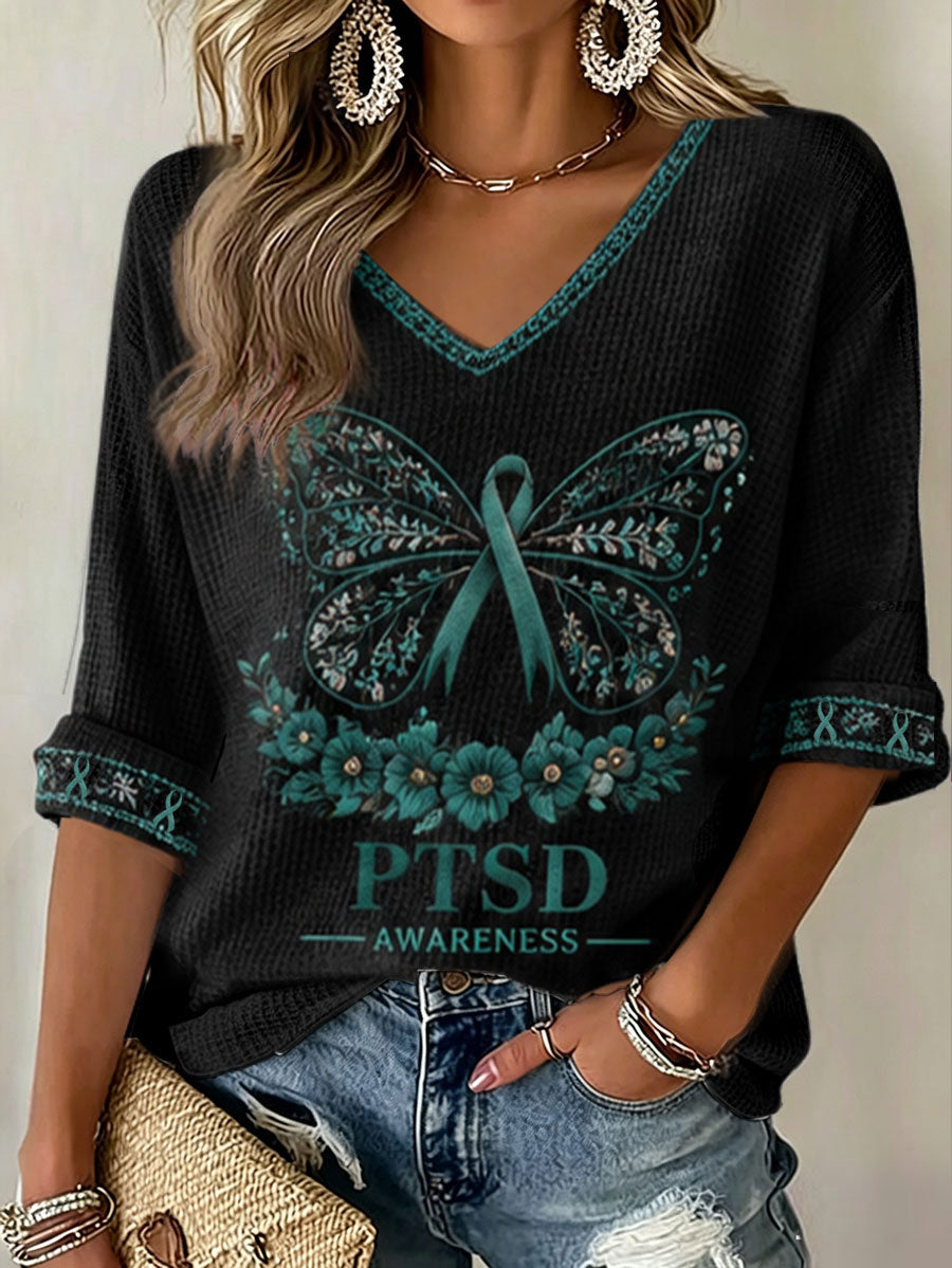 Women's PTSD Awareness Veteran Printed Waffle T-shirt