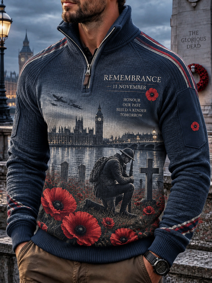 Men's British Remembrance Day Printed Placketed Sleeve Sweater