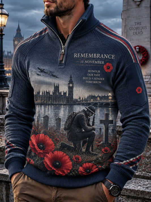 Men's British Remembrance Day Printed Placketed Sleeve Sweater