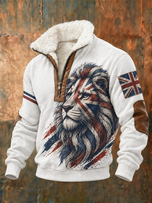 Men's British Lion Printed Plush Stand Collar Shirt