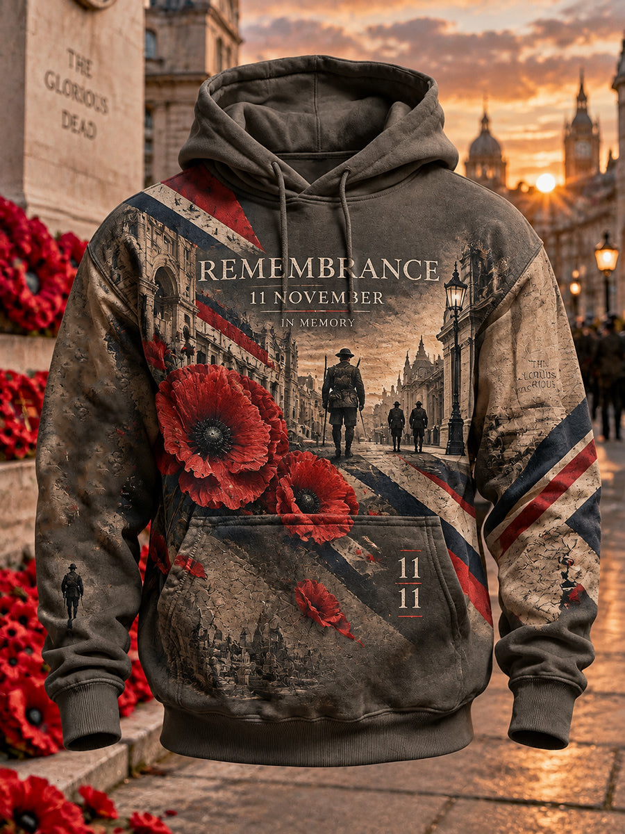 Men's Oversized British Remembrance Day Printed Drop-Shoulder Hoodie