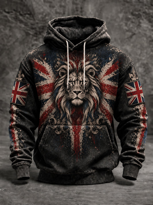 Men's Vintage British Lion Oversized Drop-Shoulder Hoodie with Pockets